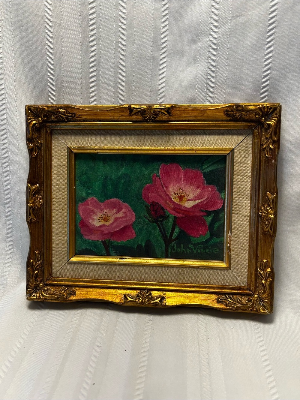 Vintage Signed Hand-Painted Pink Floral Green Ornate Gold Frame Original Artwork